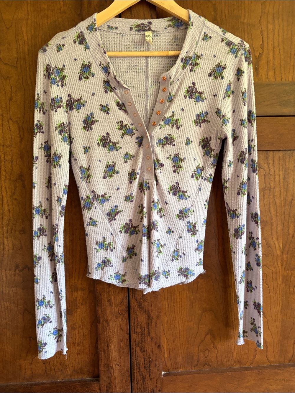 Free People Lavender Ribbed Floral Henley Long Sleeve